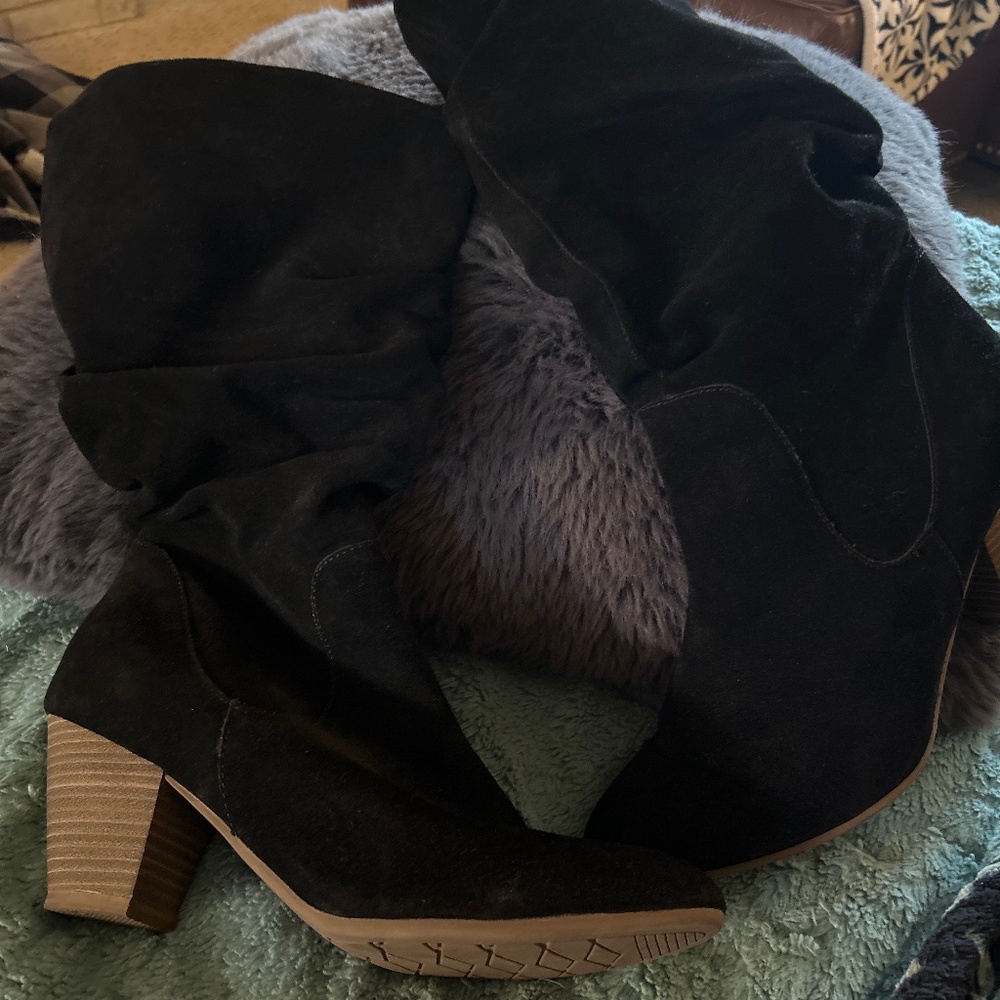 Black suede slouch mid calf boot